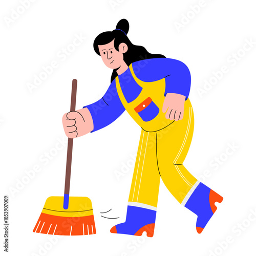 Flat style illustration of a person cleaning the floor