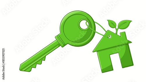 Green Key and House Keychain with Plants, Symbolizing Eco-Friendly Home Ownership