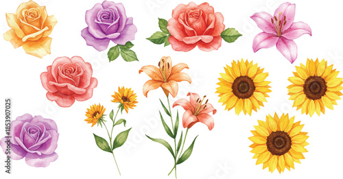 A vibrant collection of watercolor flowers including sunflowers and roses displayed together from a straightforward viewpoint