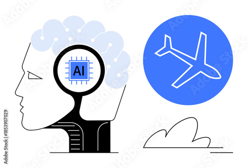 Artificial intelligence, aviation technology, digital innovation, futuristic design, automation, brain interface. AI chip within a human head silhouette next to an airplane symbol. Artificial