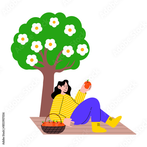 Flat style illustration of a person having a spring picnic