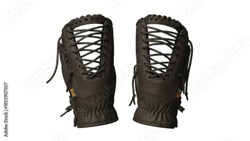 A pair of black leather goalkeeper gloves with laces on a white background