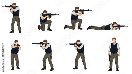 An illustration of a man in various shooting positions with a rifle
