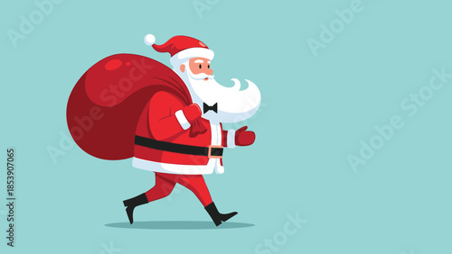 Cheerful santa claus running with a bag full of gifts on light blue background