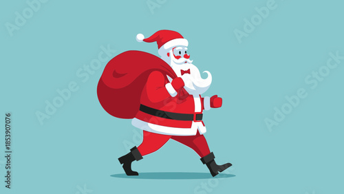 Cartoon Santa Claus carrying a red sack with presents isolated on a blue background