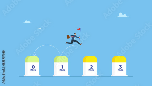 Skillful businessman holding success flag jumping on milestones reaching target. Project milestone to progress toward business goal, journey or execution to achieve business success.