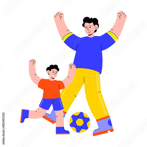 A flat style illustration showing father and kid playing soccer