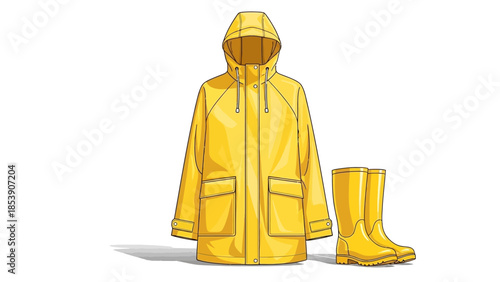 A bright yellow raincoat and matching boots on a white background
