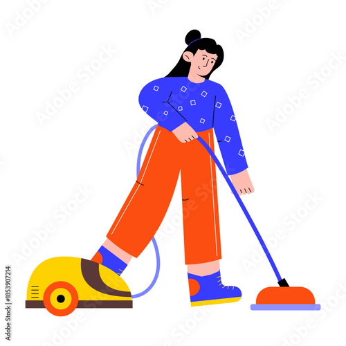 Flat style illustration of a person vacuuming floor
