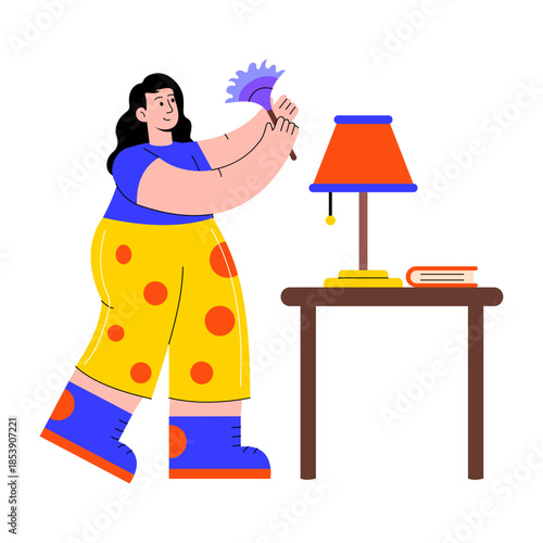 Flat style illustration of a person dusting lamp