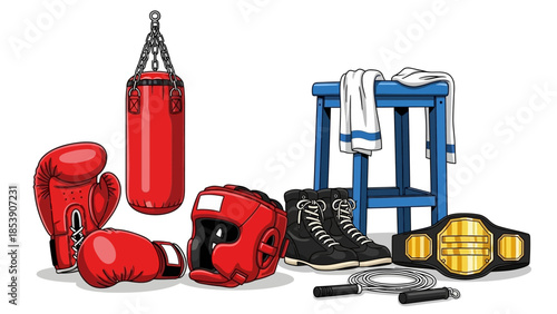 A collection of boxing equipment and gear on a white background