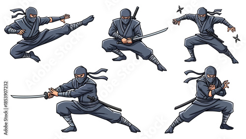 A group of ninja warriors in various fighting poses with swords
