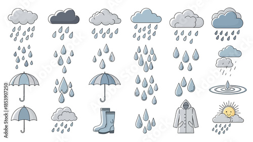 A collection of weather icons including rain clouds and umbrellas