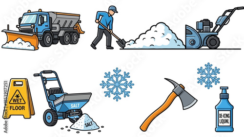 A collection of winter maintenance and snow removal equipment and tools