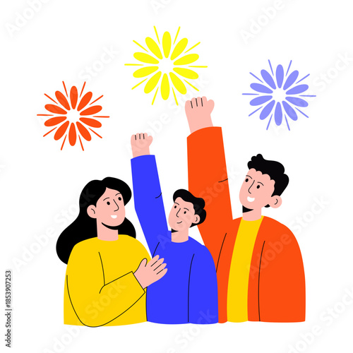 A flat style illustration showing family celebrating new year