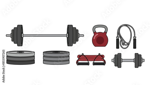 A collection of various fitness equipment on a white background