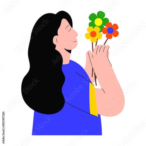 Flat style illustration of a person smelling flowers