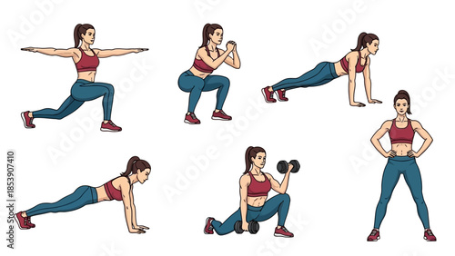 A woman performing various exercises in a cartoon style illustration