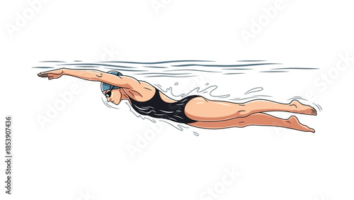 A woman in a black swimsuit swimming in the water with a swim cap