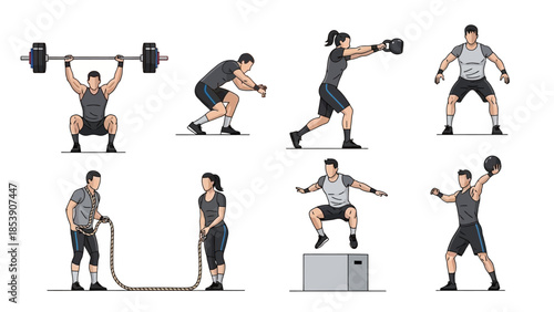 A fit man and woman engaging in various intense workout exercises