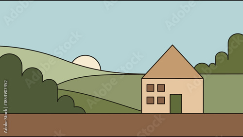A house sits in a stylized landscape with rolling hills and trees.