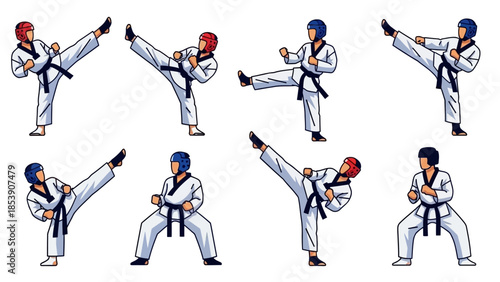 A group of cartoon martial artists performing various kicking techniques
