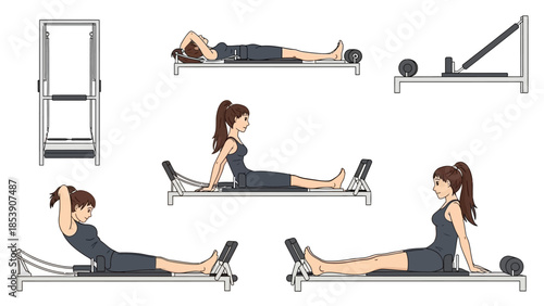 A woman performing various Pilates exercises on a reformer machine