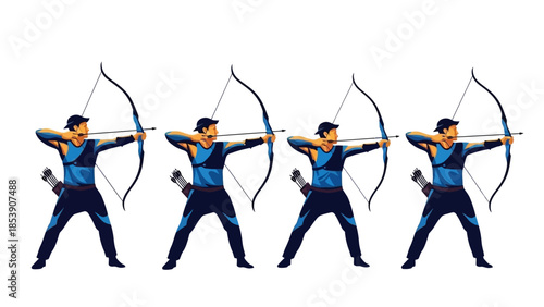 An archer in various poses aiming a bow and arrow with focus