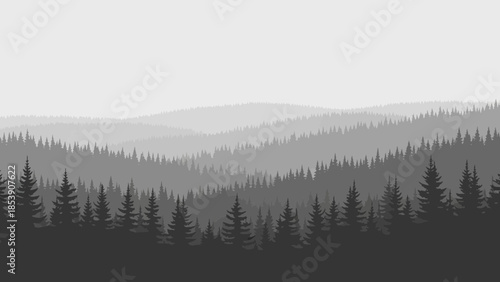 Monochromatic panoramic view of a mountain range covered in dense evergreen forest