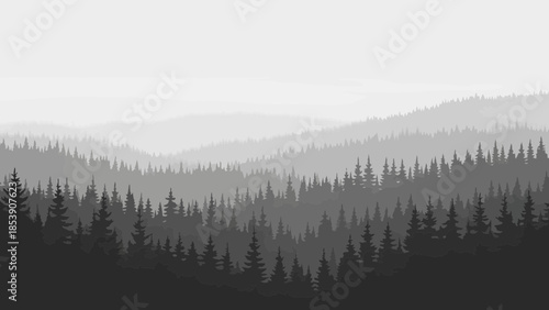 Monochromatic layered forest landscape evokes tranquility and natural beauty