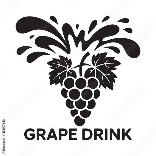 A black and white illustration of grapes and a splash suggesting a drink
