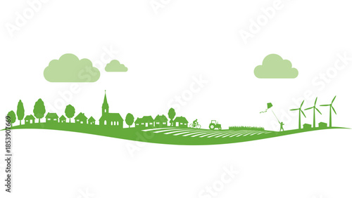 Silhouette of a rural landscape featuring sustainable energy and agriculture