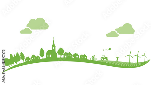 Green Village Landscape with Wind Turbines: Sustainable Living Illustration