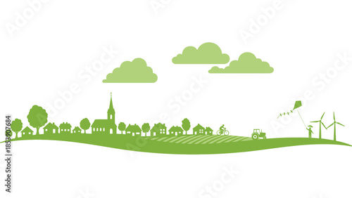Green landscape with village, wind turbines, clouds, child flying kite illustration