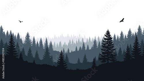 Serene forest landscape with layered trees and soaring birds on clear sky day