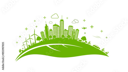 Green city concept with wind turbines, buildings, transport, and nature silhouette