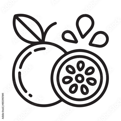 Simple line drawing of a passion fruit with a sliced half revealed