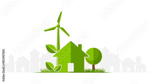 Eco-Friendly Home Concept with Wind Turbine and Green Energy, Sustainable Living