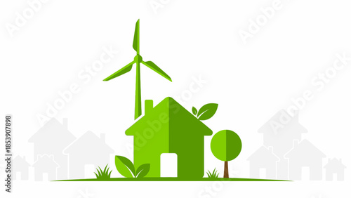 Eco-friendly home illustration with wind turbine and trees symbolizing green living