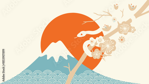 Japanese new year card with mount fuji, snake and ume blossoms illustration