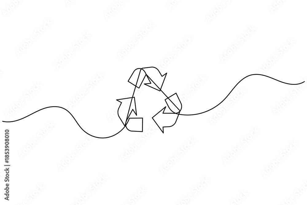 Obraz premium A continuous single line drawing of the universal recycling symbol on a plain white background.