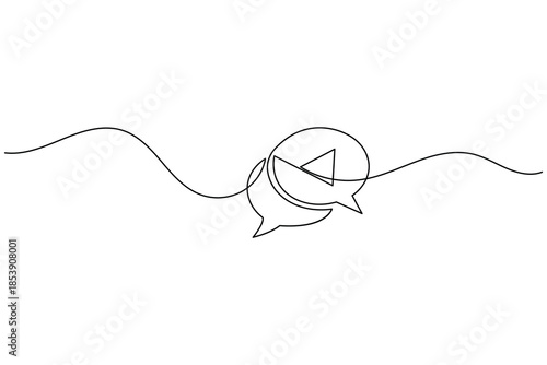A continuous line art representation of two overlapping speech bubbles and media icon