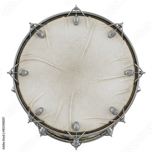 Vintage snare drum overhead view with textured drumhead for music and sound concept. Professional musical instrument image for percussion and rhythm themes. Isolated on White background