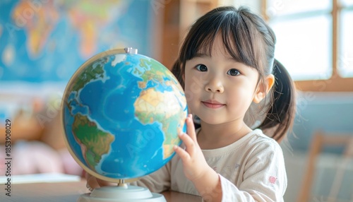 Adorable little girl exploring the world with a globe.