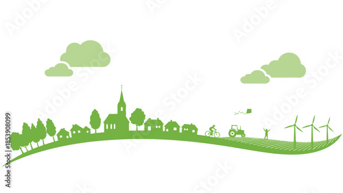 Green village vector illustration with nature elements in a simple style