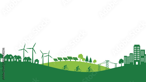 Green sustainable city illustration with wind turbines and solar panels concept