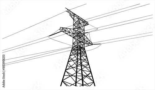 Black and white illustration of a high voltage electricity pylon and wires power transmission