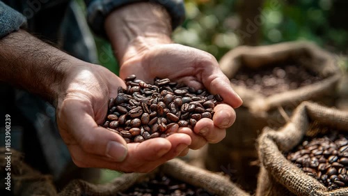 Hands holding coffee beans over burlap sacks