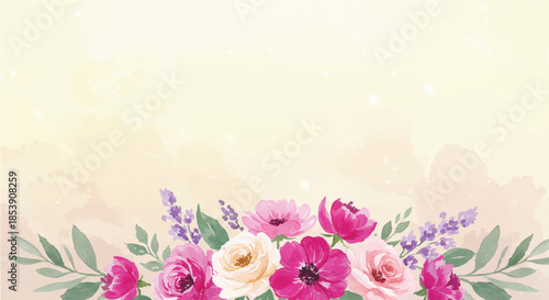 A serene arrangement of flowers and leaves on a soft gradient background from a straightforward viewpoint