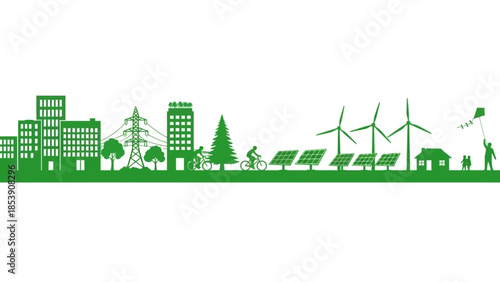 Green city skyline with renewable energy sources depicting sustainable living future